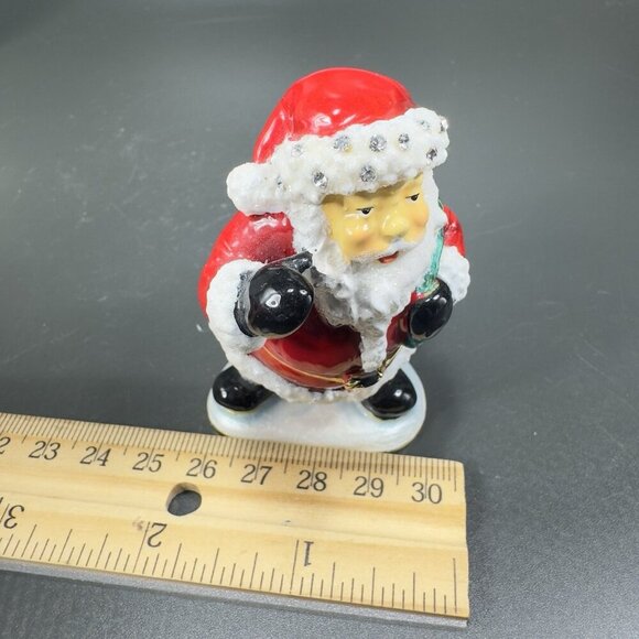 Santa Claus Christmas Enamel Over Metal Bejeweled Hinged Trinket Box Pill Box - Picture 4 of 13